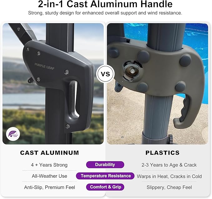 PURPLE LEAF Patio Umbrella 9' X 9' Rectangle Cantilever Umbrella Large Aluminum Outdoor Umbrellas with 360-degree Rotation & UPF40+ Premium Fabric for Deck Pool Garden Yard, Graphite Grey