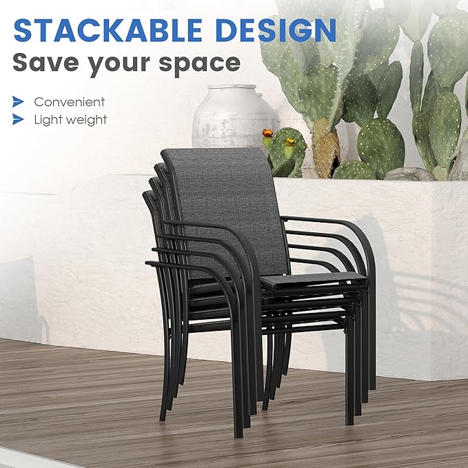VICLLAX Patio Table and Chair Set of 8, All Weather Metal Round Outdoor Dining Furniture Set-53 Round Outdoor Table and Chairs, Grey Wood Grain Tabletop