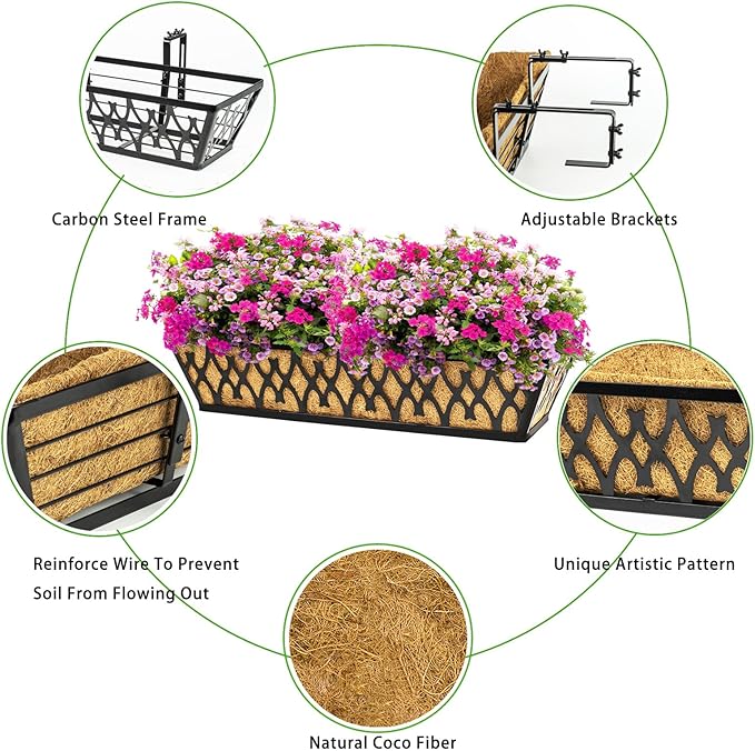 4 Pack 24 Inch Window Boxes Planters for Outdoor Plants Railing Planter Box with Adjustable Brackets for Windowsill Porch Fence Patio Hanging Flower Coco Baskets for Outside Decoration - Black