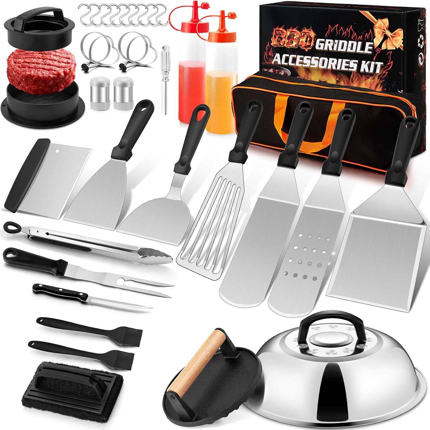 35Pcs Griddle Accessories Kit for Blackstone, Joyfair Flattop Grill Spatula | Grilling Accessory Tool Set with Stainless Steel Griddle Spatula Smash Burger Press Basting Cover Patty Maker For Outdoor BBQ
