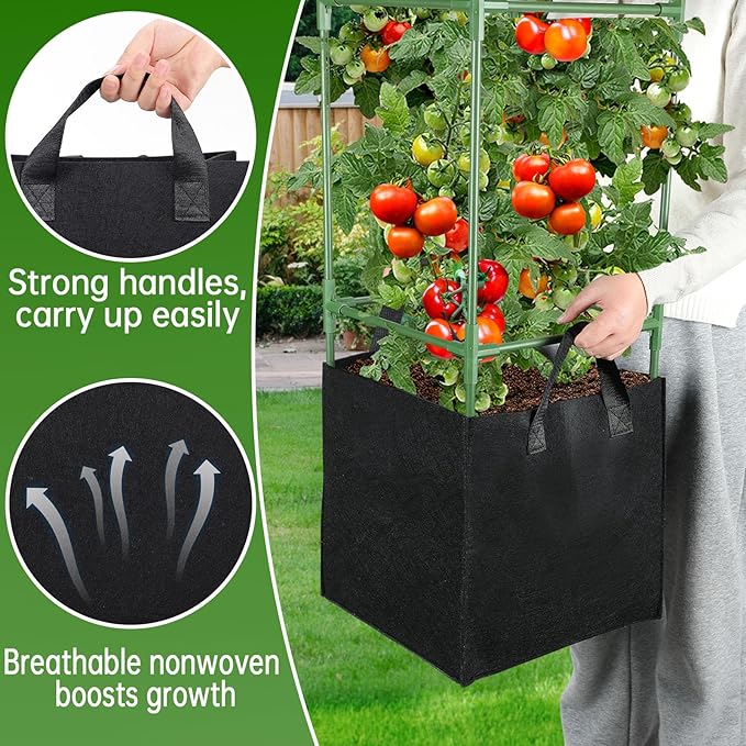 ANPHSIN 2 Sets Tomato Cages with 10 Gallon Grow Bags - 47'' Stable Plant Support Trellis Kit, Square Cages with Planter Pots for Garden Flowers Vegetables Cucumber Vertical Climbing Plants Vines