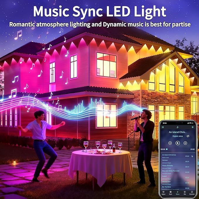 500ft permanent outdoor light, RGB outdoor eave lights with APP & Remote Control,Music synchronisation IP67 waterproof LED eave light,suitable for party, daily,Halloween,Christmas,rooftop,garden,patio
