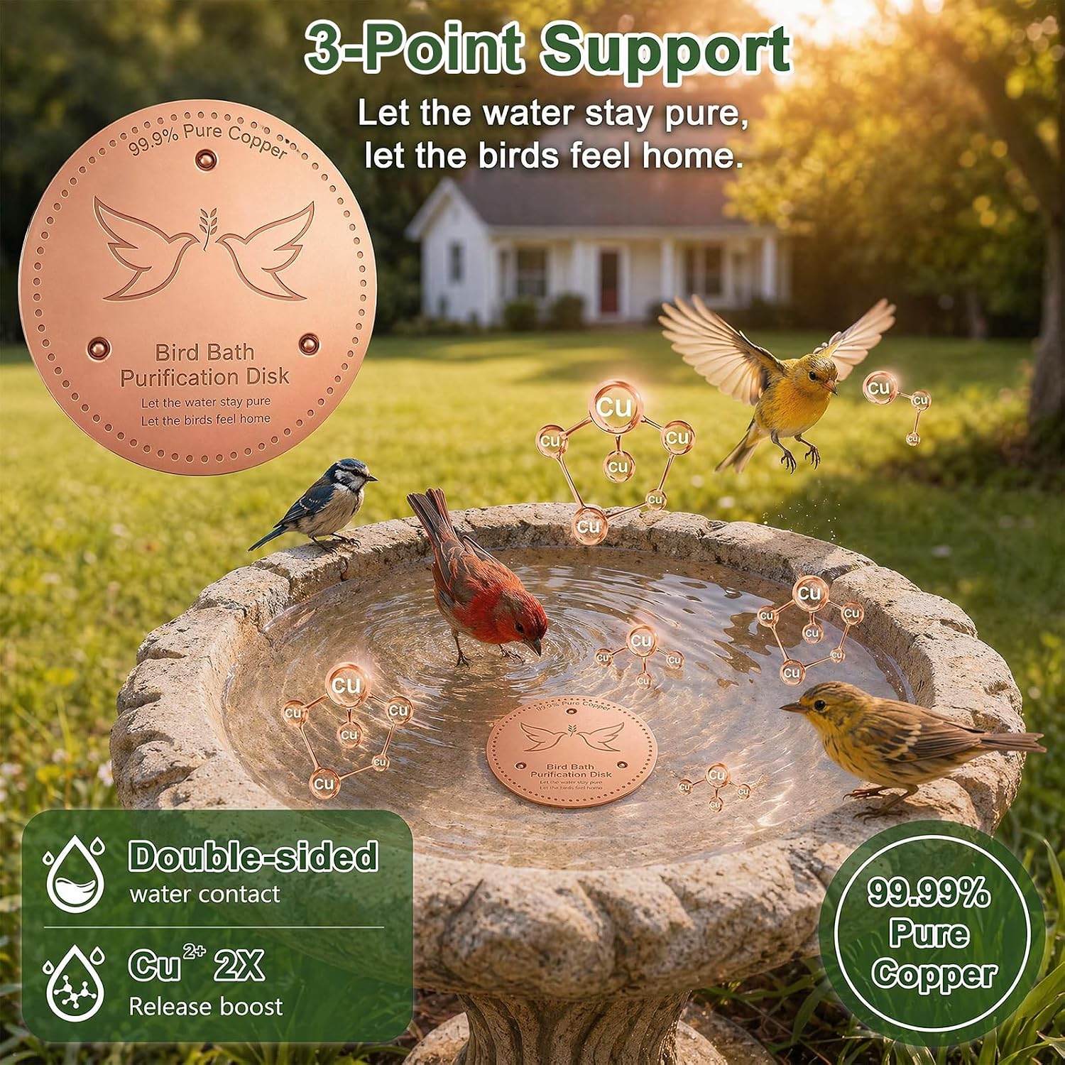 2 Pack Bird Bath Copper Disk, 0.6mm Thick 99.9% Pure Copper Cleaning Disc Plate for Physical Safe Water Purification All-Season for Outdoor Wildlife Bird Bowls Birdbaths Solar