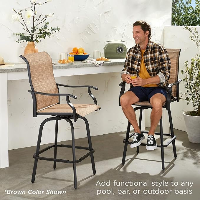 Best Choice Products Set of 2 Swivel Barstools, Bar Height Outdoor Chairs, 360 Rotating Patio Bar Stools w/All-Weather Mesh, 300lb Capacity - Gray