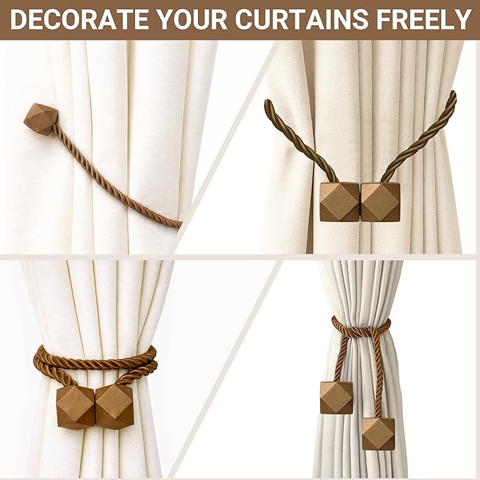 Hion Magnetic Curtain Tiebacks Dark Brown 6 Pack, Curtain Tiebacks Buckles Holdbacks Holders Hooks Clip for Home Bedroom Office Decorative Thick or Thin Curtain