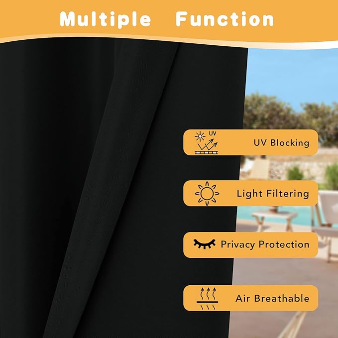 HolidayIdeas Outdoor Curtains for Patio Waterproof, 4 Panels - 54 x 108 Inch - Privacy Protection & Light Filtering Curtains Black Grommet Outside Curtains for Porch, Gazebo, Pergola, Backyard