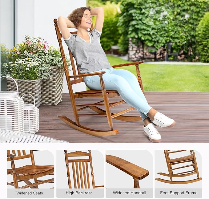 VINGLI Wooden Rocking Chair, Outdoor Chair with 450 lbs Support, Relaxing Rocker with Solid Wood High Back Seat Reclining Seat for Deck, Garden, Backyard, Porch, Indoor or Outdoor Use (Teak, 2PCS)