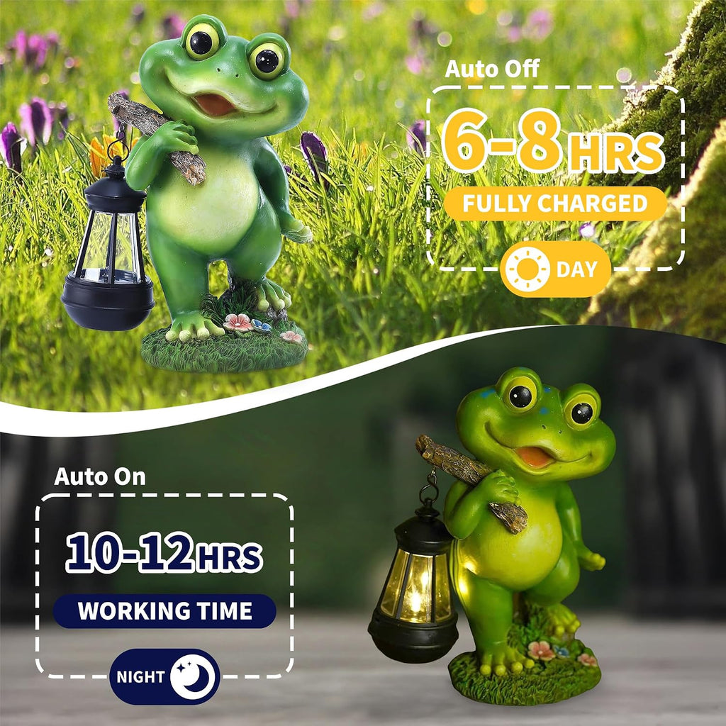 Outdoor Frog Garden Decor: 11'' Yard Decoration with Solar Lantern Funny Frog Statue Gifts for Women Mother's Day Housewarming Gift
