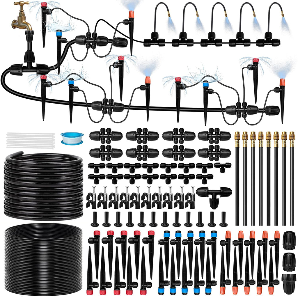 250FT Drip Irrigation System for Garden with 38pcs Adjustable Copper Nozzles & Emitters, Automatic Garden Watering System with 1/2" & 1/4" Tubing for Raised Bed, Yard, Greenhouse, Potted Plants, Lawn