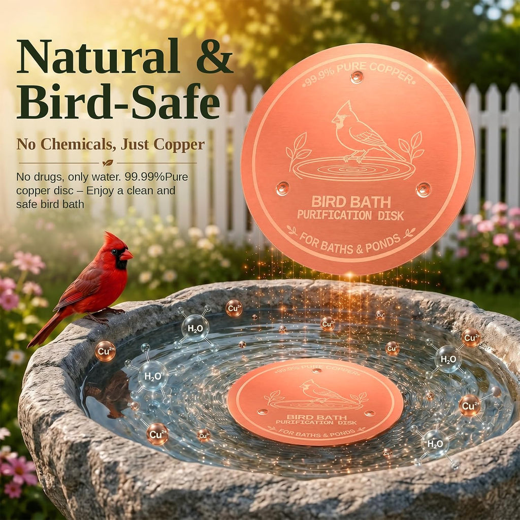 Copper Disc for Bird Bath, 99.9% Pure Copper (Cardinal) | Triple Point Support, Fits Bird Baths & Bowls, Reduces Mineral Buildup, Gift for Bird Lovers, Outdoor Garden Use