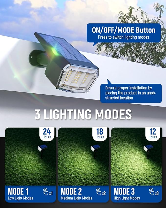 Solar Spot Lights Outdoor 63 LED 3 Lighting,Waterproof IP65 Modes Spotlights for Outside House Yard Garden Landscape Lights 6 Pack (Natural Light)