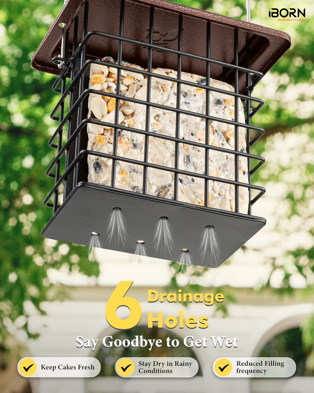 iBorn Double Suet Feeder for Outside Hanging,Weatherproof Suet Feeders,Suet Holder with Taller Grid for Woodpecker, Suet Cage Bird Feeders for Outdoors (Coffee, 6 Inch,1 Pack)
