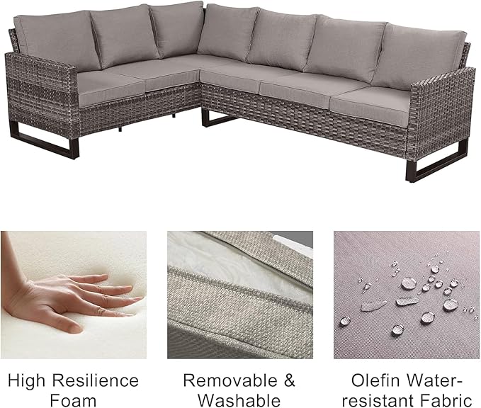 Belord Patio Sectional Furniture Set with Fire Pit Table: 8 Pieces Wicker Patio Conversation Set with L Shaped Sofa, Outdoor Swivel Glider Rocker, Rattan Ottomans, Removable Cushions Grey