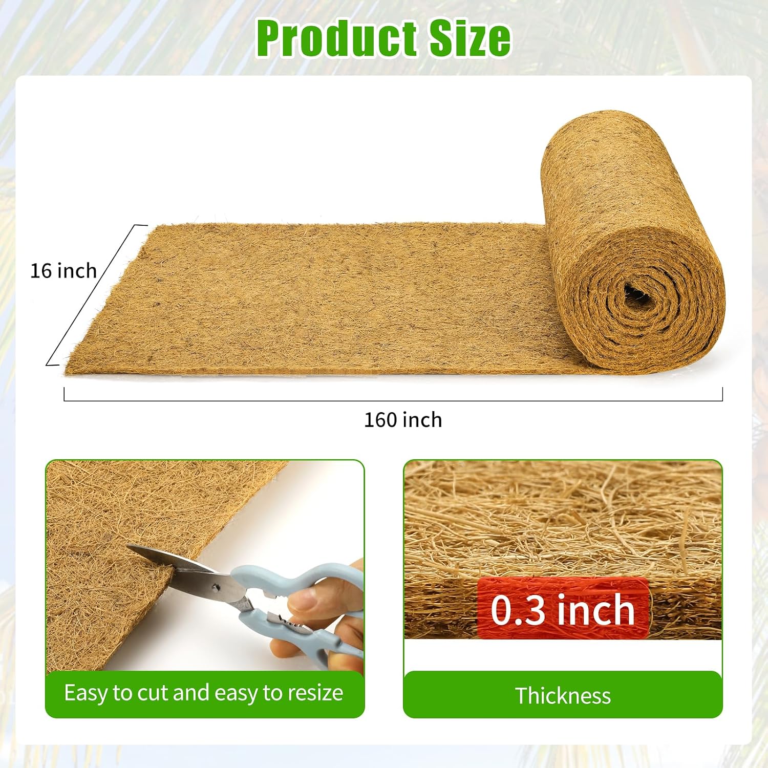 Coco Liner Roll 16x160 Inch, Natural Coconut Liners for Planter Flower Basket, Thick Coco Fiber Mat for Hanging Basket, Garden Decoration, Animal Pet Pads, Reptile Carpet