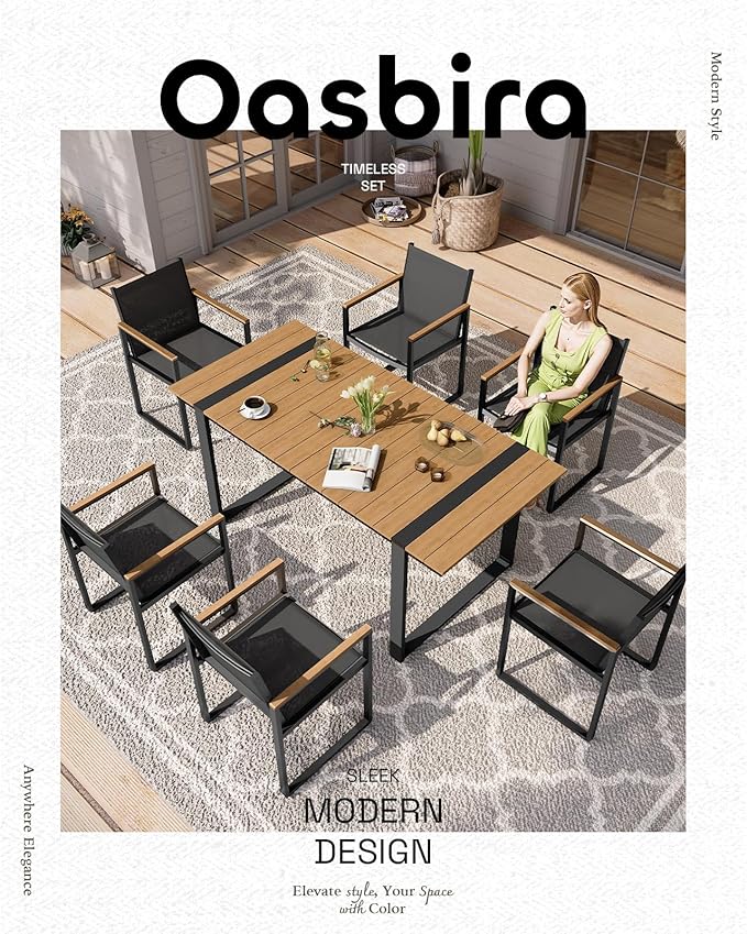 Outdoor Dining Set, HDPS + Aluminum Patio Table and Chairs Set with U-Shaped Base, 7 Piece Outdoor Furniture Set with Umbrella Hole, Patio Dining Table Set for Garden, Backyard (Gray-Teak)