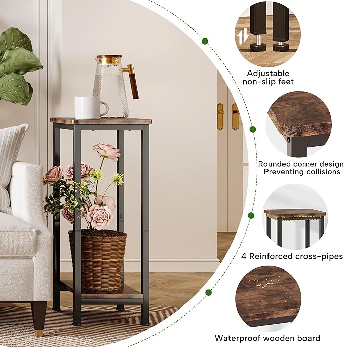 Homeiju Plant Stand Indoor, 2 Tier Wood Corner Plant Stand, Modern Square Plant Shelf Flower Stand for Living Room Patio Balcony Garden, Rustic Brown