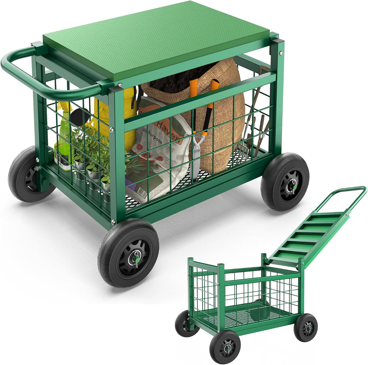 garden cart with seat,3-in-1 rolling seat with wheels, main product view