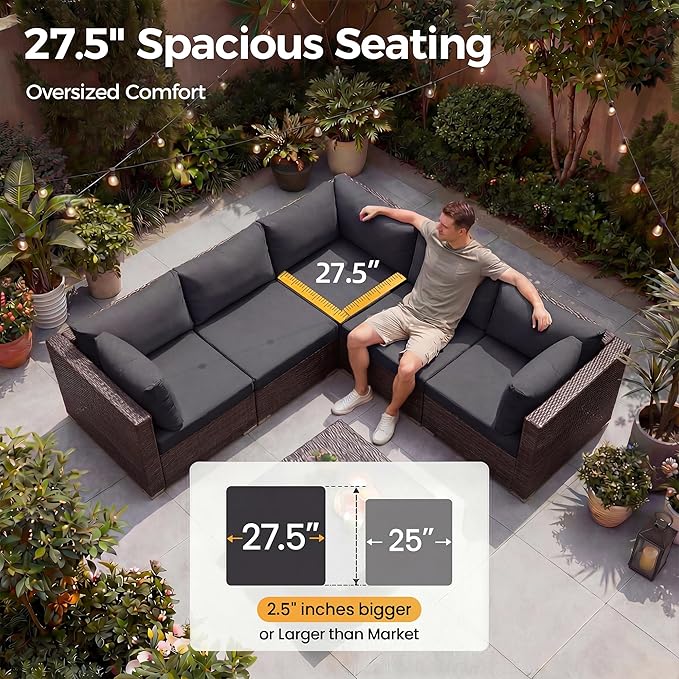 NICESOUL 7 Piece Outdoor Patio Furniture Set with Fire Pit Table Natural Gas/Propane, Tall Wide Deep Sectional Couch Sofa for Outside, 29.3'' High Back Backyard Sitting, Brown Rattan and Black Cushion