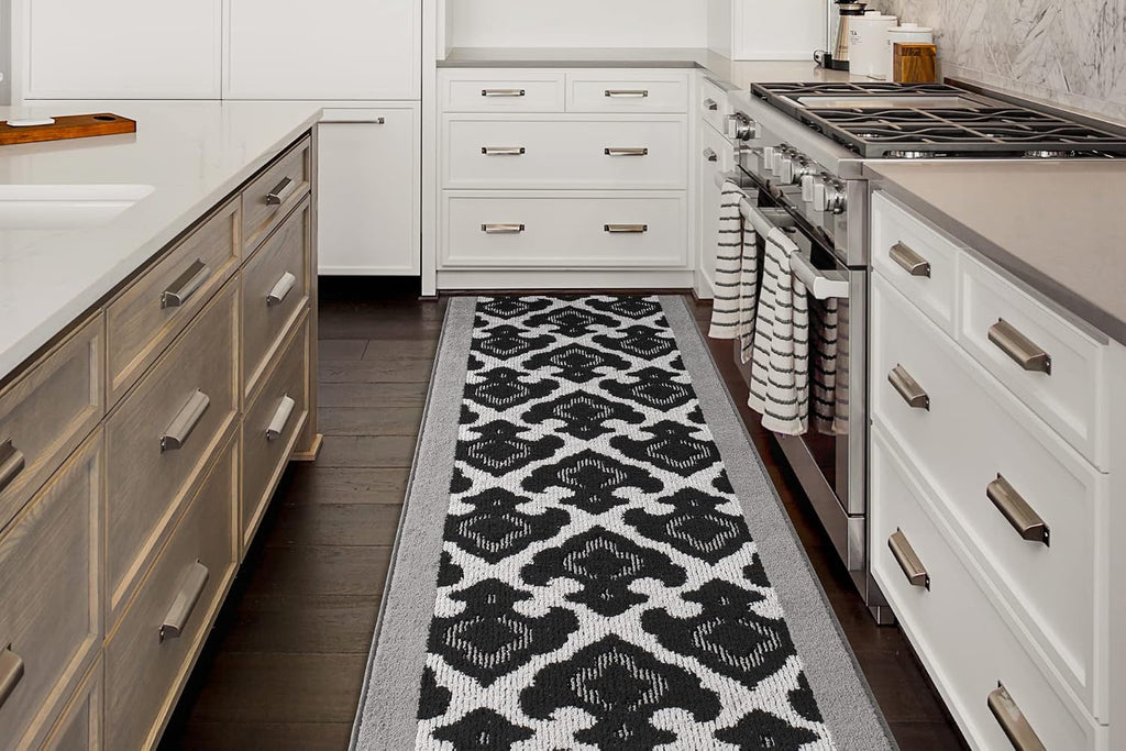Custom Length Cut to Size Fleur de Lis Inspired Carpet Runner Rug for Hallways, Non Slip Rubber Backed, 31 inch Wide X Customized Length, Royal Grey, 31 inch X 10 feet