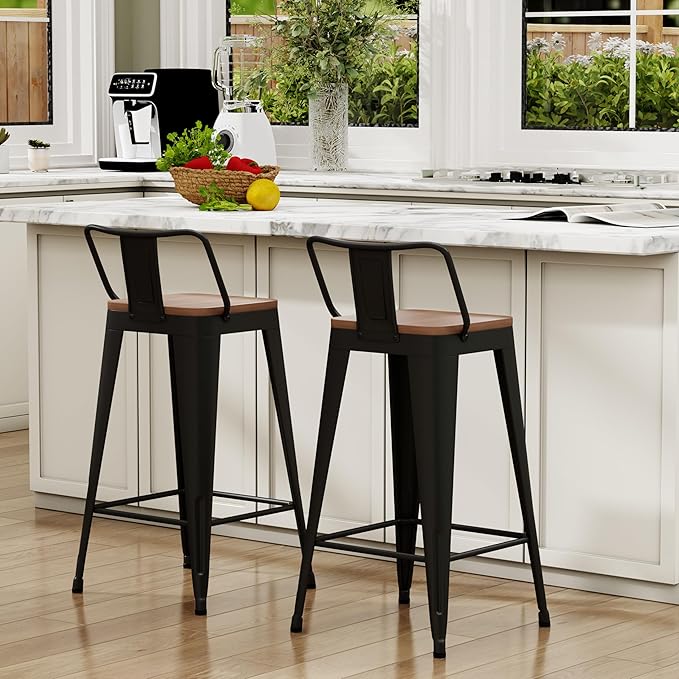 WENTMENT Bar Stools Set of 2 Counter Height Metal Barstools with Removable Back 30" Kitchen Bar Stools with Wooden Seat, Black