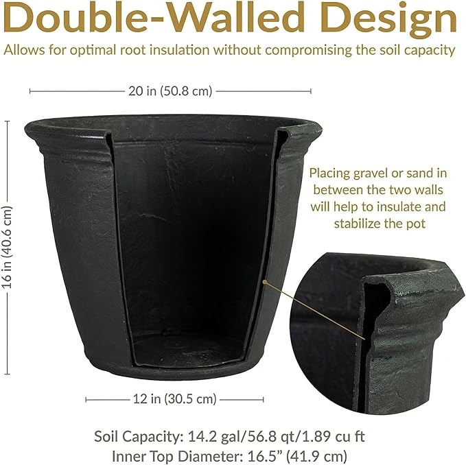Sunnydaze 20-Inch Anjelica Large Plastic Pot for Plants - Outdoor Double-Walled Large Plastic Planter with Drillable Drainage Holes - Matte Black - 4pk