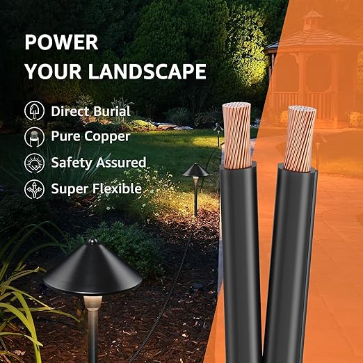 SUNVIE 12/2 Low Voltage Landscape Wire 250FT with Spool Outdoor Landscape Lighting Cable 12 Gauge 2 Conductors Low Voltage Wire for Landscaping Lights, ETL Listed, Pure Copper, Direct Burial