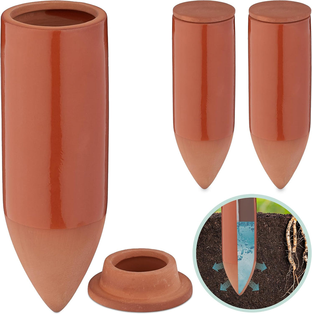 Relaxdays Clay Watering Spikes, Set of 3, 330ml, Irrigation Stakes for Houseplants & Balcony Pots, with Lid, Terracotta, Ceramics, 330 ml