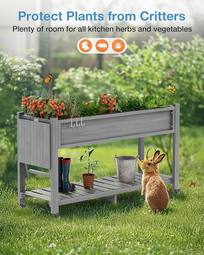 YEFU Raised Garden Bed with Legs: 57x18x30in Weight Capacity 400lb - Waterproof Raised Planter Box with Wheels - Elevated Garden Bed with Storage Shelf - Weather Resistant - for Deck/Patio/Porch/Grey