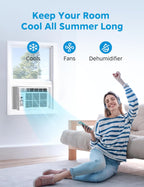 midea 6,000 btu window air conditioner, 3-in-1 cool/fan/dehumidifier shown in use