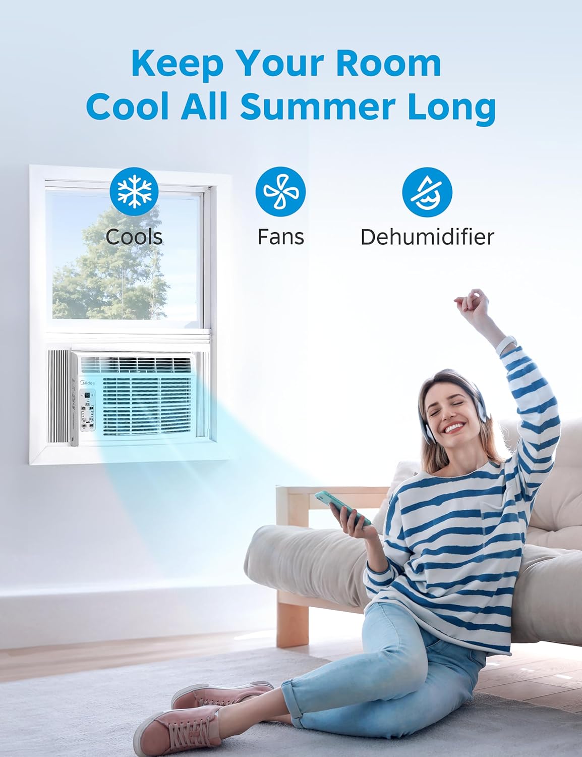 midea 6,000 btu window air conditioner, 3-in-1 cool/fan/dehumidifier shown in use