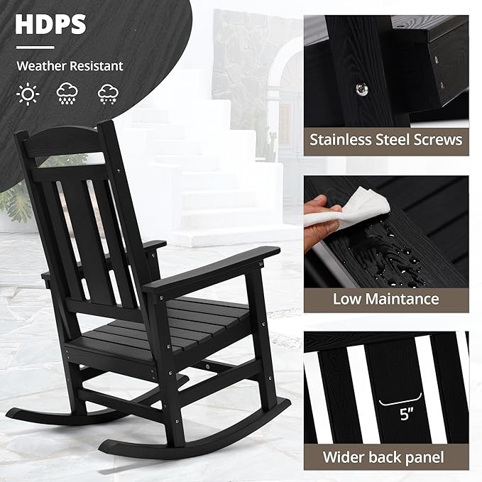 LUE BONA Outdoor Rocking Chairs Set, 3-Piece, HDPS Poly Porch Rockers with Table, Plastic Weather Resistant Rocking Chair Set for Outdoor Indoor, Garden, Backyard, 350lb, Black Chairs+Table