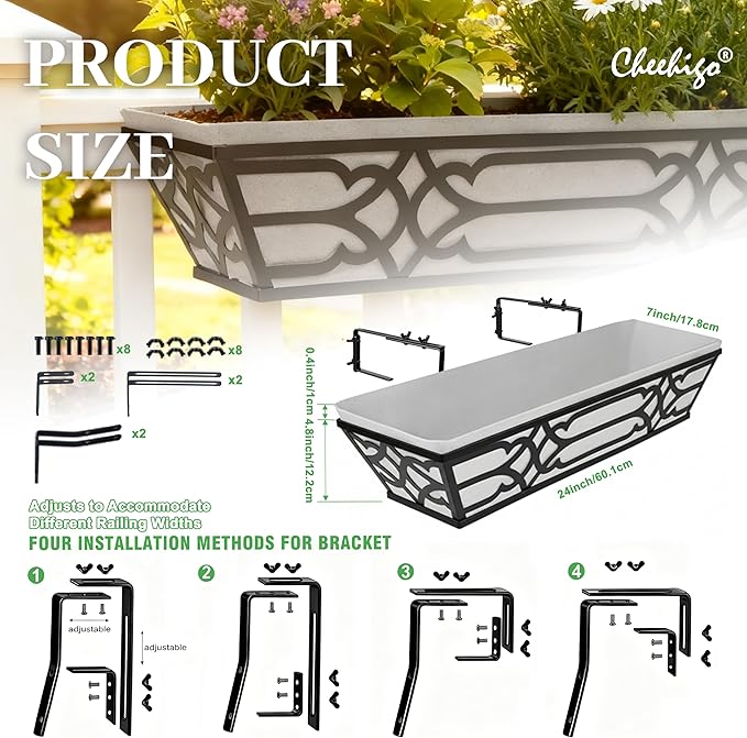 2 Pack 24 Inch Railing Boxes Planter for Outdoor Plants Adjustable Brackets for Porch Fence and Balcony Window Planter Box with Non-Woven Fabric Liner for Hanging Flower Baskets (2, Black)