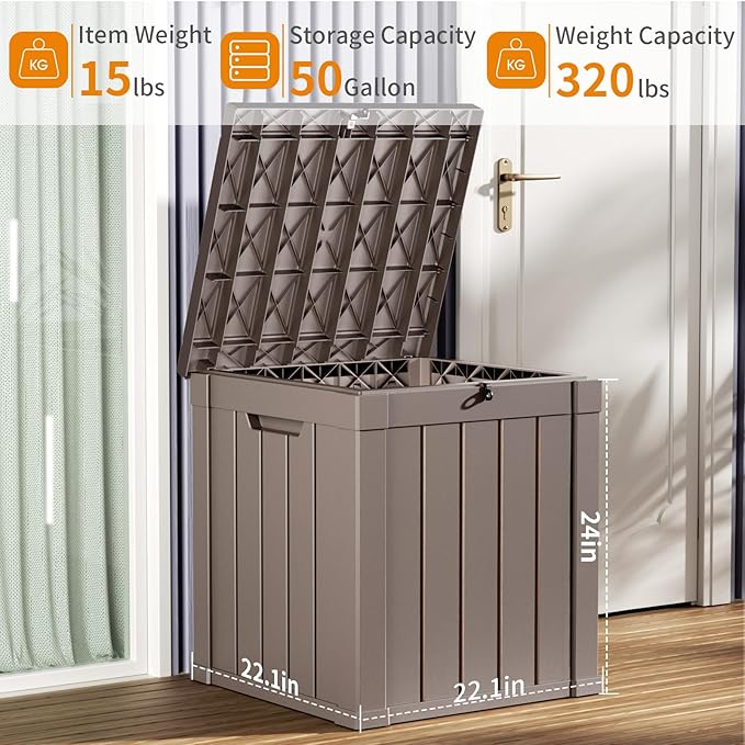 EasyUp 50 Gallon Deck Box Outdoor Storage Box for Patio Furniture,Outdoor Cushions,Garden Tools and Pool Supplies,Waterproof,Resin（Gray）