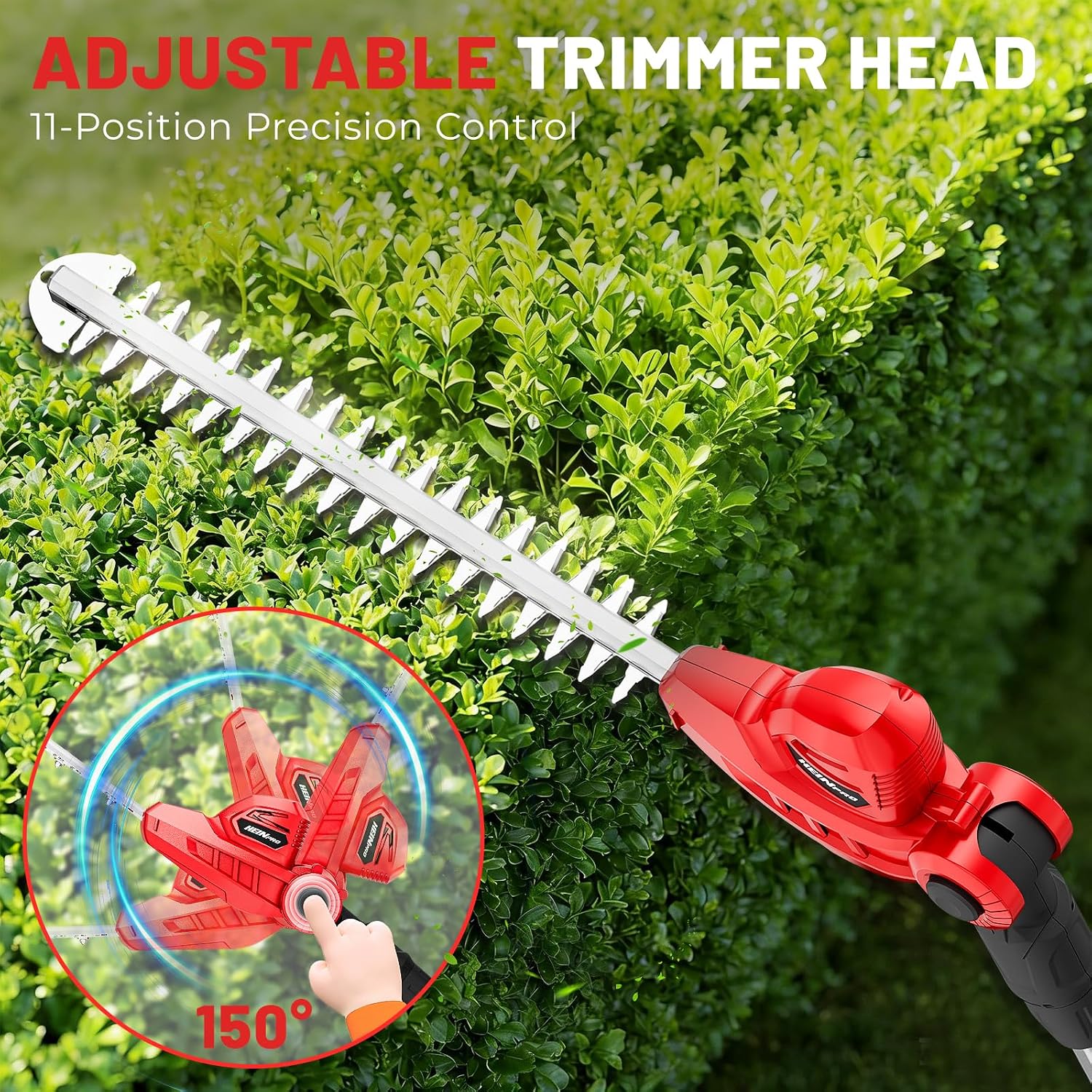 HEINPRO Cordless Pole Hedge Trimmer Compatible with Milwaukee M18 Battery | 18-in, 14-ft Max Reach, 150° Adjustable Head (Battery Not Included), Shoulder Strap, 18-in Blade for High Hedges & Bushes