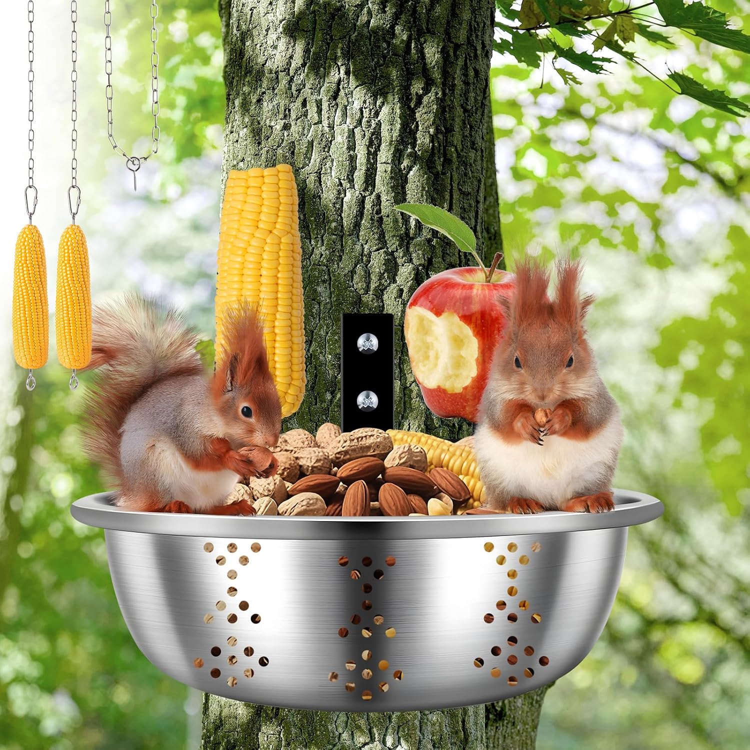Metal Squirrel Feeders for Outside with Hanging Feeder, Durable Bowl Tree Mounted of Chipmunk Feeder, Squirrel House for Outdoor, Squirrel Food for Backyard, Corn Cob, Peanuts (8.5Inch 2-Rod)