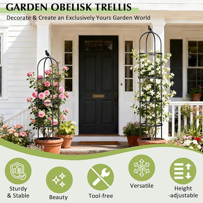 Obelisk Trellis for Climbing Plants Outdoor, 6.2 FT Plant Support for Tomato, Rose, Flowers, Grape, Pea, Cucumber, Rustproof Plastic Coated Metal Plant Tower for Potted Plants - 1PC Garden Trellis