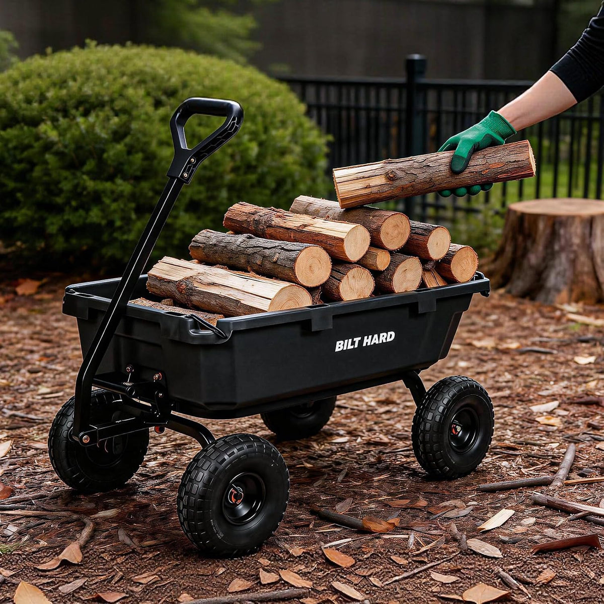bilt hard 900 lbs poly garden dump cart, front angle view