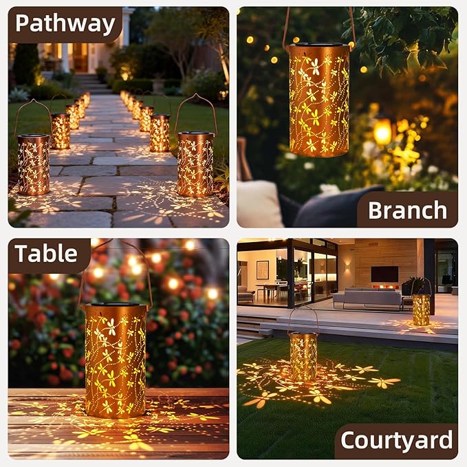 2 Pack Solar Lanterns Outdoor Hanging Lantern Lights, Dragonfly Hollowed-Out Metal Decor Lantern, Waterproof LED Decorative Garden Light - Delicate Garden Decoration for Patio, Yard