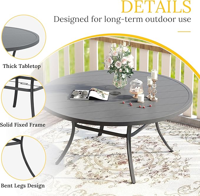 VICLLAX 60" Outdoor Round Patio Table for Lawn Garden, All Weather Metal Patio Dining Table with Adjustable Umbrella Hole, 8-10 Person, Grey