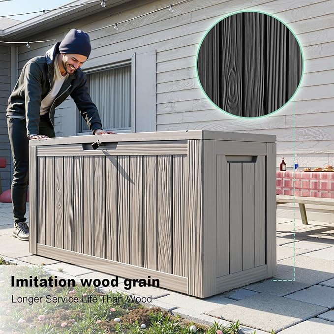 EasyUp 80 Gallon Resin Deck Box Storage Outdoor Waterproof Boxes Lockable UV Resistant Container for Patio Furniture Cushions Pool Supplies Garden Tool, Equipment Outside Storage Delivery, Gray