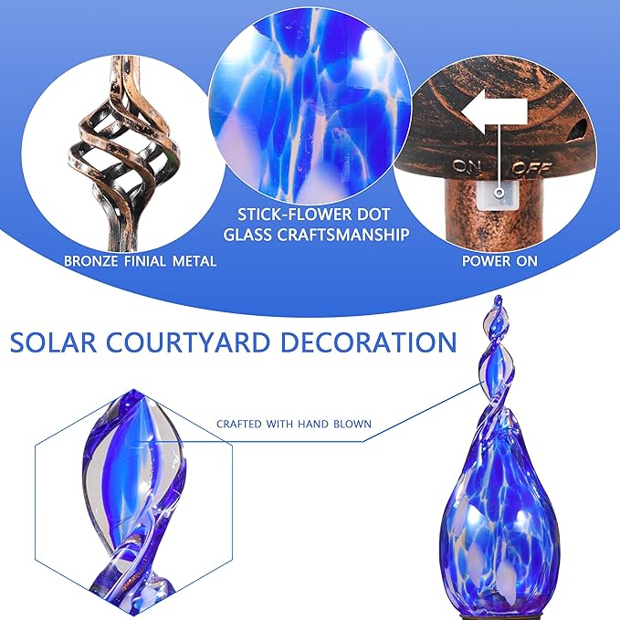 Solar Garden Lights Outdoor, Decorative LED Flame Garden Stakes, Hand Blown Glass and Outdoor Waterproof Glass Stakes (Dark Blue)