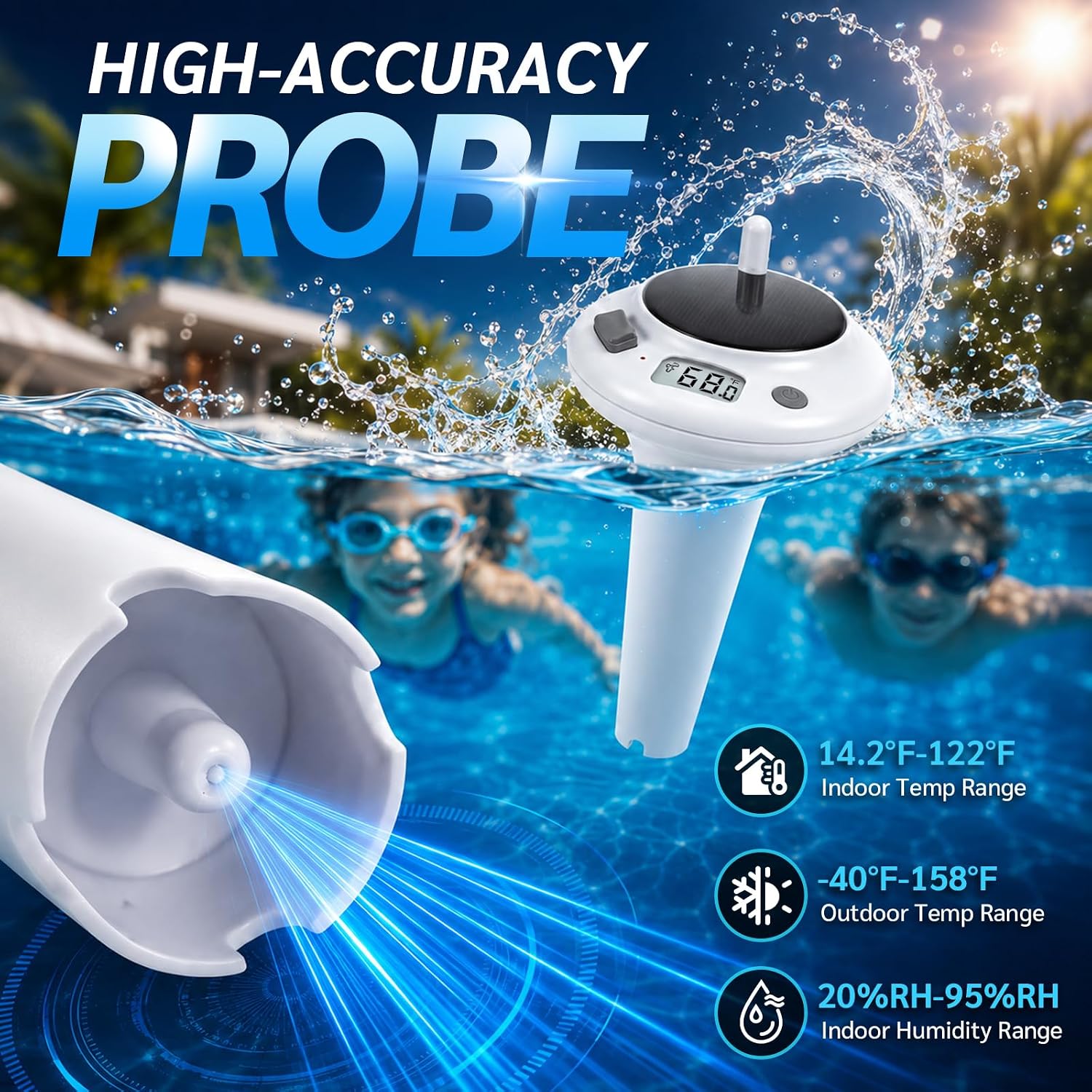 Solar Pool Thermometer, Wireless Floating Water Temperature Sensor, IPX8 Waterproof, Long Range Digital Display for Swimming Pool, Hot Tub, Spa, Pond & Lake
