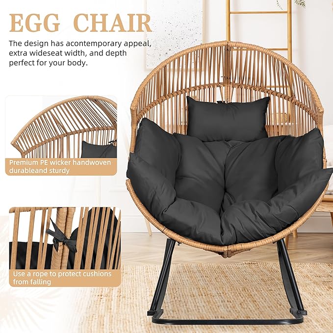 Vongrasig Wicker Egg Chair PE Rattan Rocking Chair with Cushion, Oversized Patio Lounge Rocker Chair for Outdoor, Indoor, Balcony, Backyard, Garden, Black