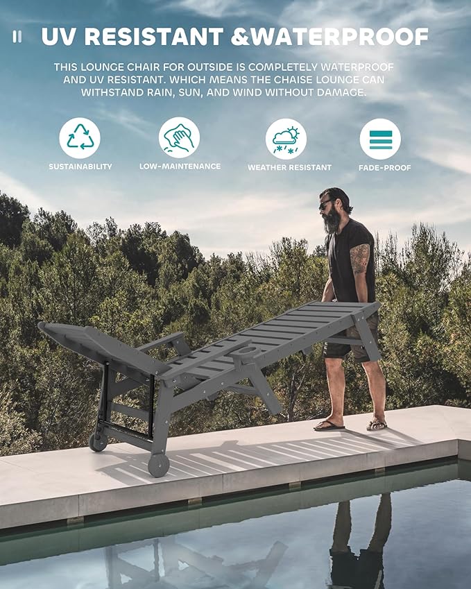 SERWALL Patio Chaise Lounge Chair Set of 2, 78'' Long 5-Positions Adjustable HDPE Outdoor Lounger for Pool, Poly Lounge Chair with Rolling Wheels & Cup Holder for Poolside, Deck, Gray