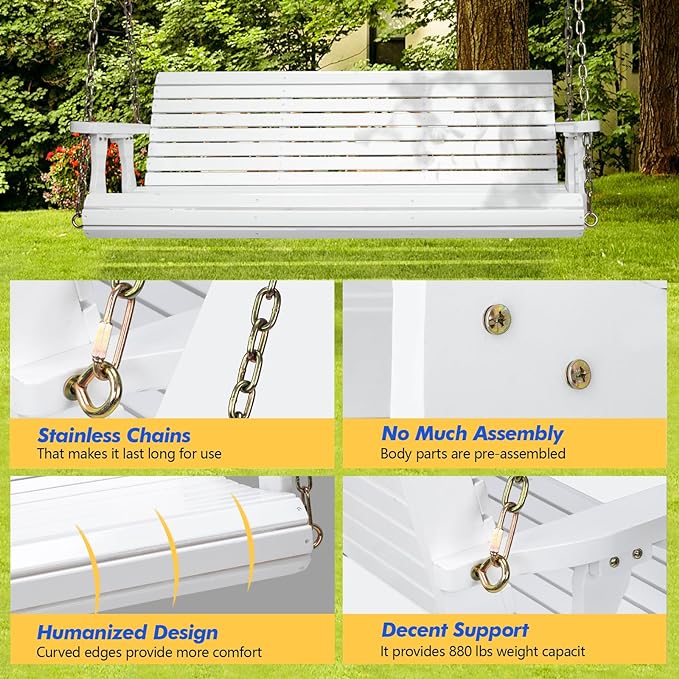 VINGLI Upgraded Patio Wooden Porch Swing for Courtyard & Garden, Heavy Duty 880 LBS Swing Chair Bench with Hanging Chains for Outdoors (5 FT, White)