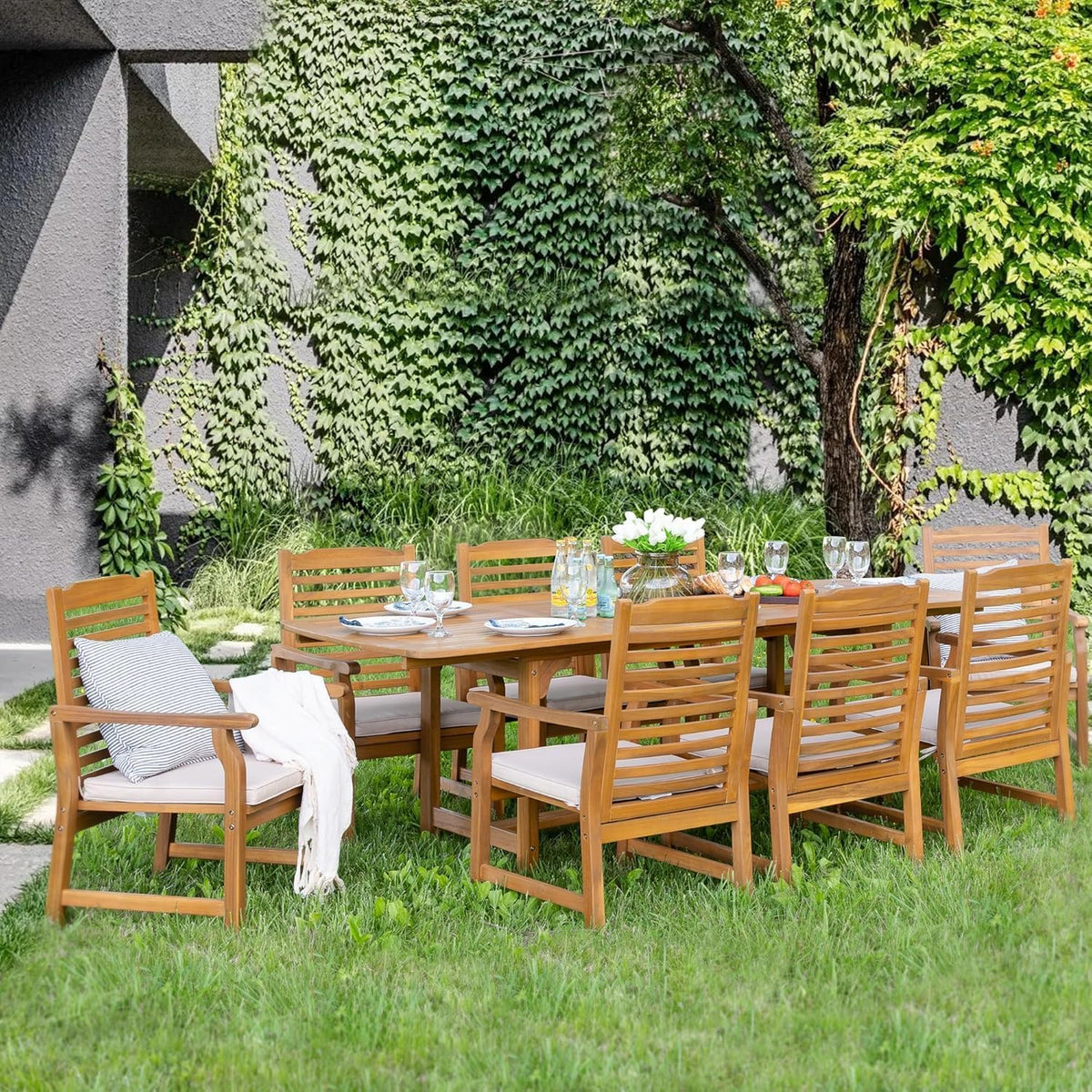 phi villa teak outdoor table, expandable wood table, front angle view