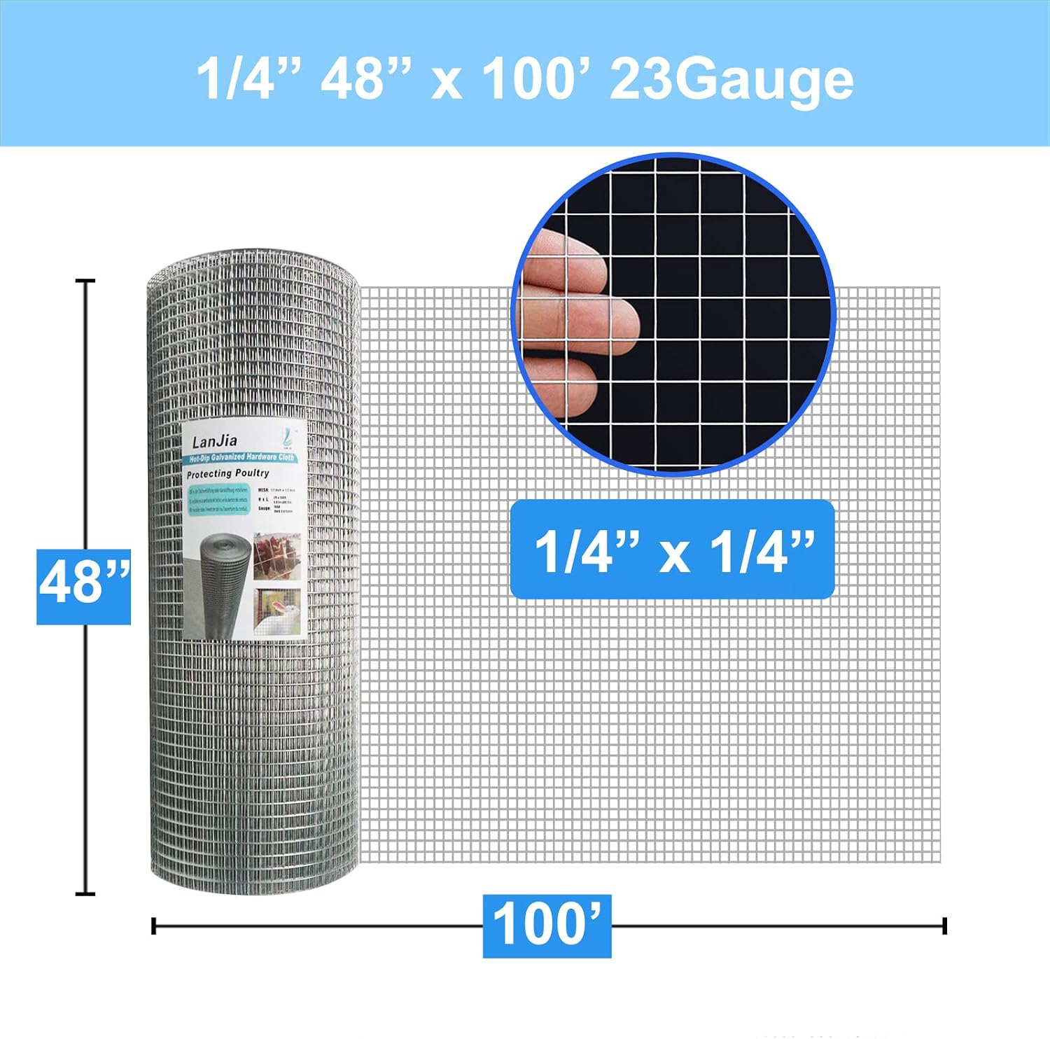 1/4in Galvanized Hardware Cloth 48" x100' 23 Gauge | welded mesh with uniform openings and strong welds for Chicken Coop, Garden Fence, Gopher Barrier and Animal Enclosure