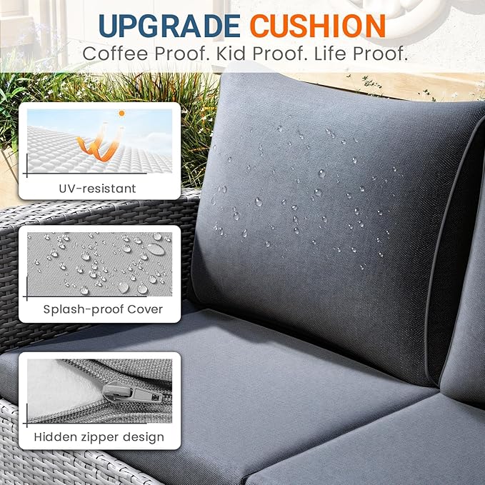 Wisteria Lane 5 Piece Patio Furniture Set, Wicker Outdoor Patio Conversation Furniture Set, All Weather Outdoor Patio Sofa with Cushion and Glass Table, Dark Grey