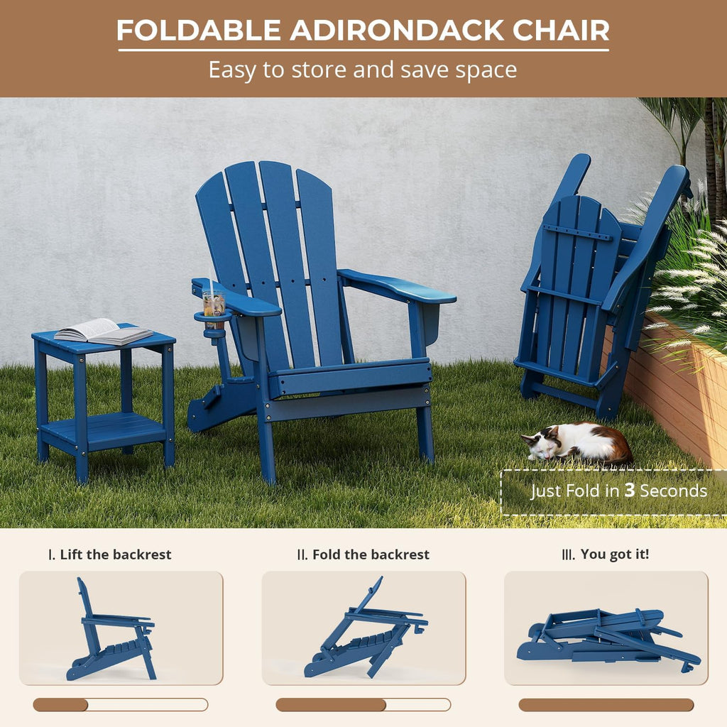 BRIOPAWS Folding-Adirondack-Chairs Set of 2 | HDPE Plastic | Fire Pit Chair | Cup Holder | Curved Back | All Weather| for Outdoor Backyard Deck Patio | Blue