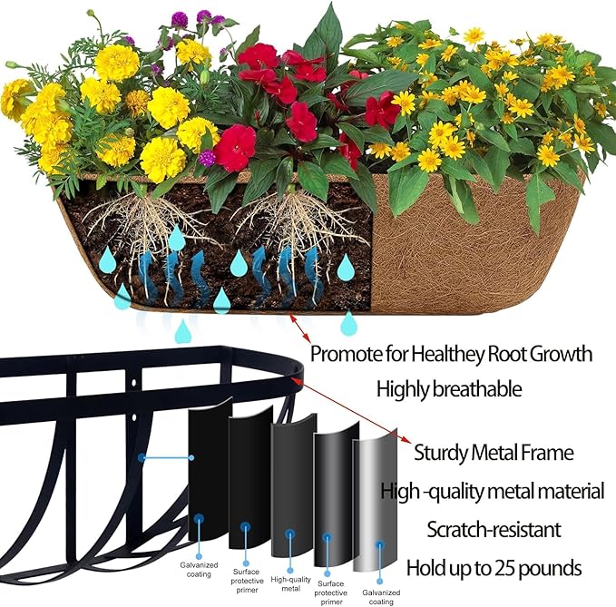 4 Pack 24" Railing Planter Window Box with Coco Fiber Liner Horse Trough Planter The Railing Planter Boxes for Deck Porch Fence Outdoor
